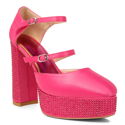 rhinestones embellished platform mary jane sandals#color_pink