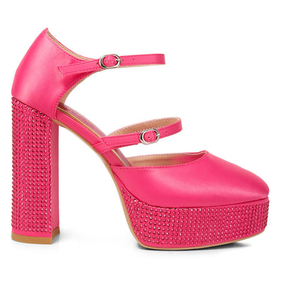 rhinestones embellished platform mary jane sandals#color_pink
