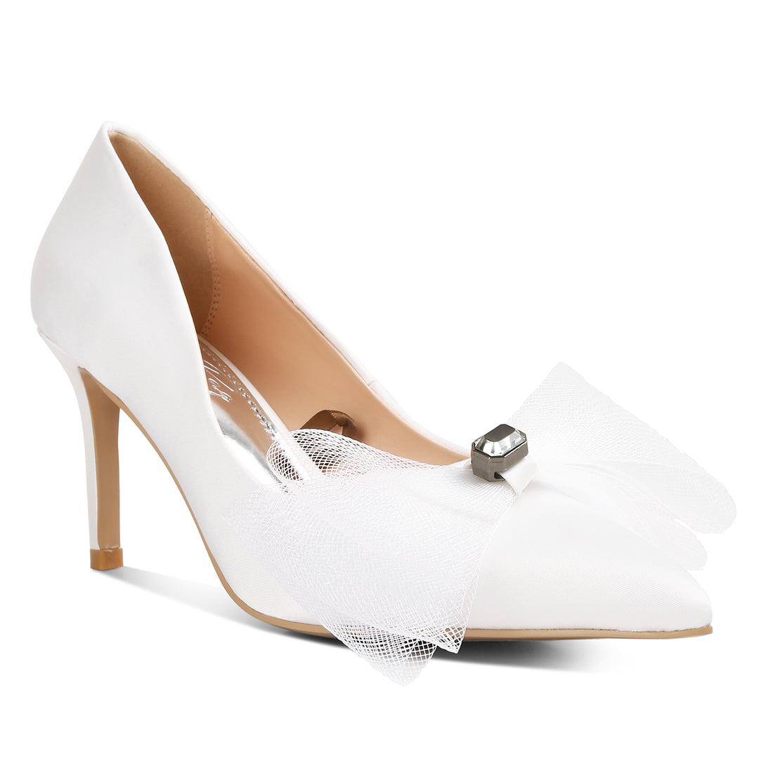 diamante embellished bow stiletto pumps#color_white