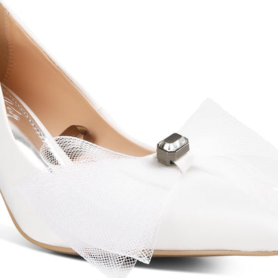 diamante embellished bow stiletto pumps#color_white