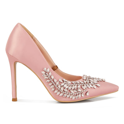 rhinestones embellished satin stiletto pumps#color_blush