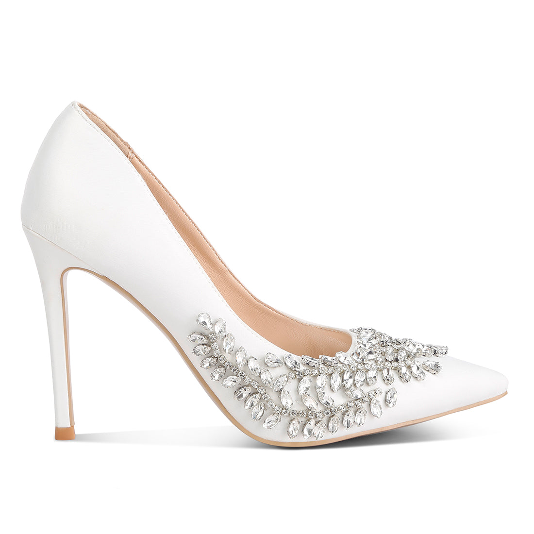 rhinestones embellished satin stiletto pumps#color_white
