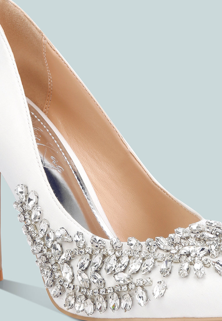 rhinestones embellished satin stiletto pumps#color_white