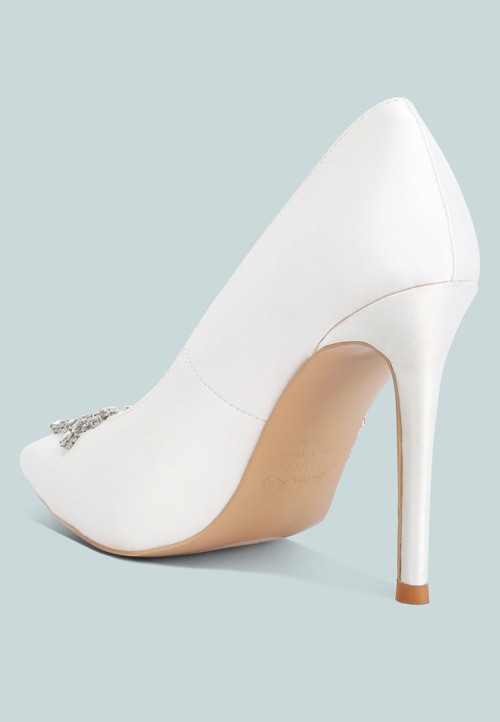 rhinestones embellished satin stiletto pumps#color_white