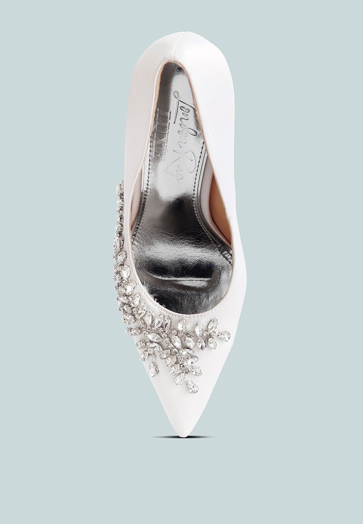 rhinestones embellished satin stiletto pumps#color_white