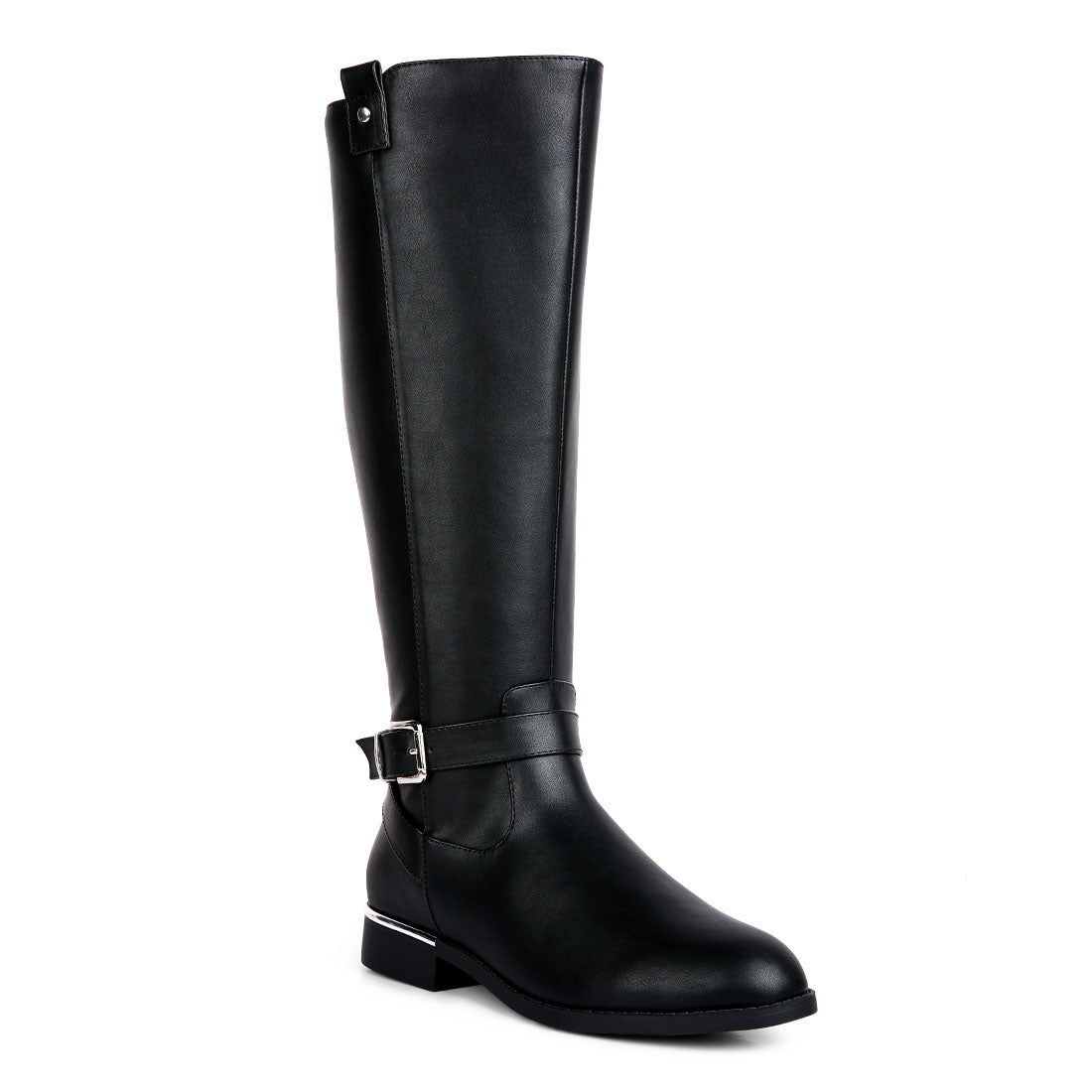 buckle strap embellished calf boots#color_black