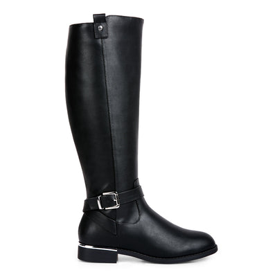 buckle strap embellished calf boots#color_black
