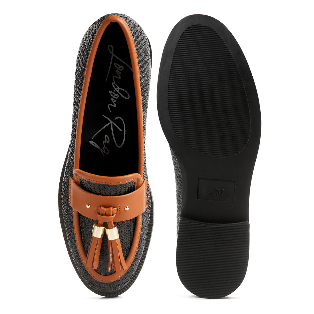 tassle detail raffia loafers#color_black