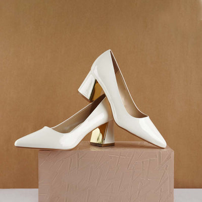 metallic accent block heel pumps#color_white
