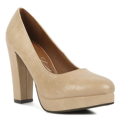 croc textured high block heel pumps#color_beige