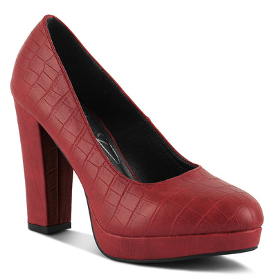 croc textured high block heel pumps#color_red