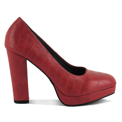 croc textured high block heel pumps#color_red