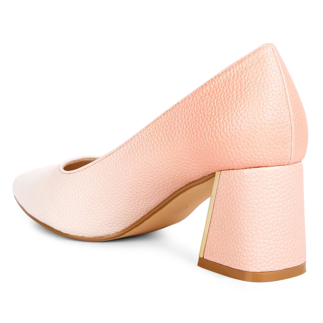 metallic accent block heel pumps#color_beige