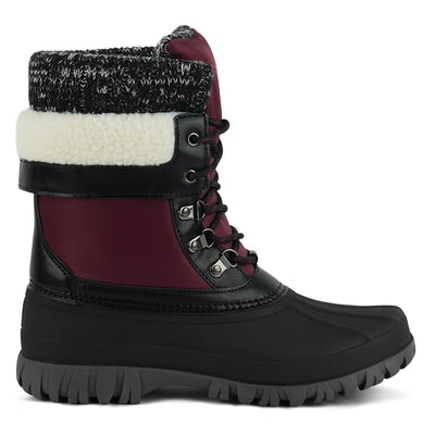 delphine knitted collar lace up boots#color_burgundy