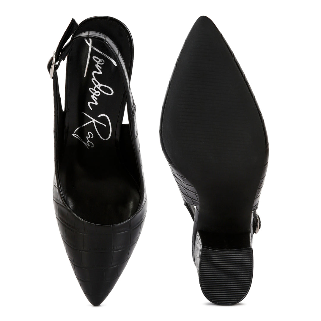 macha croc texture sling back heels#color_black