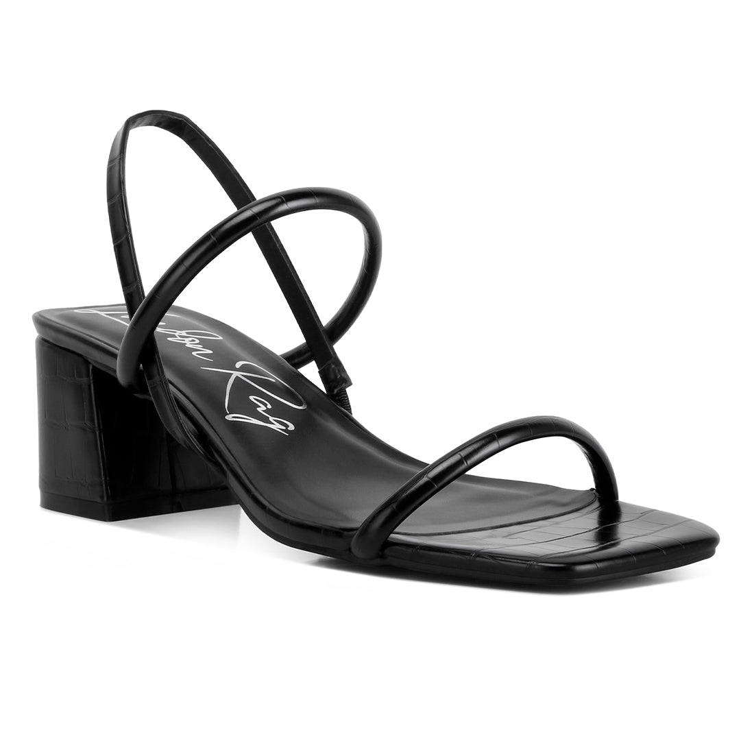 sling back slip on block heel sandals#color_black