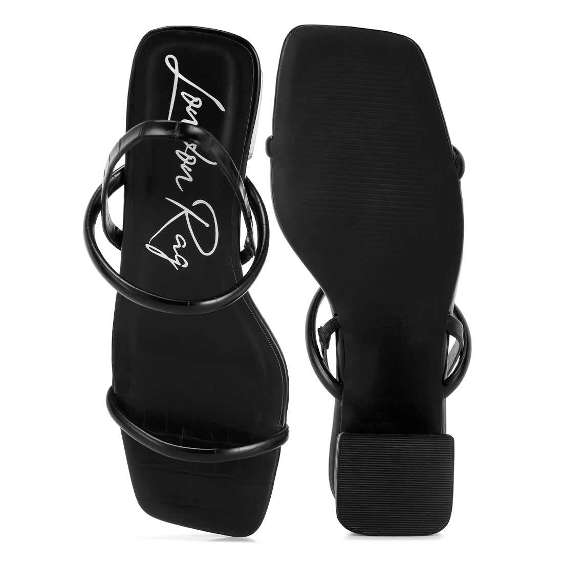 sling back slip on block heel sandals#color_black
