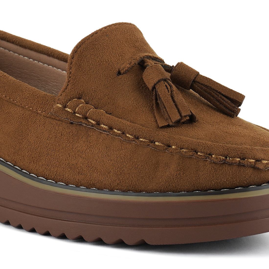 platform lug sole tassel loafers#color_tan