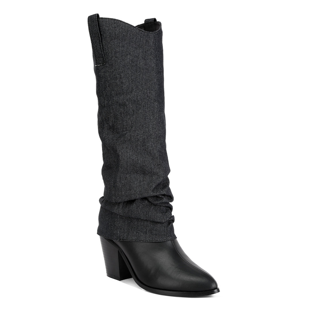 Fab Cowboy boots with denim sleeve detail#color_black