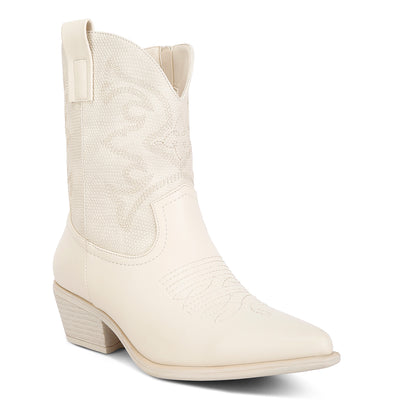 patchwork detail low heel cowboy boots#color_beige