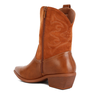 patchwork detail low heel cowboy boots#color_tan