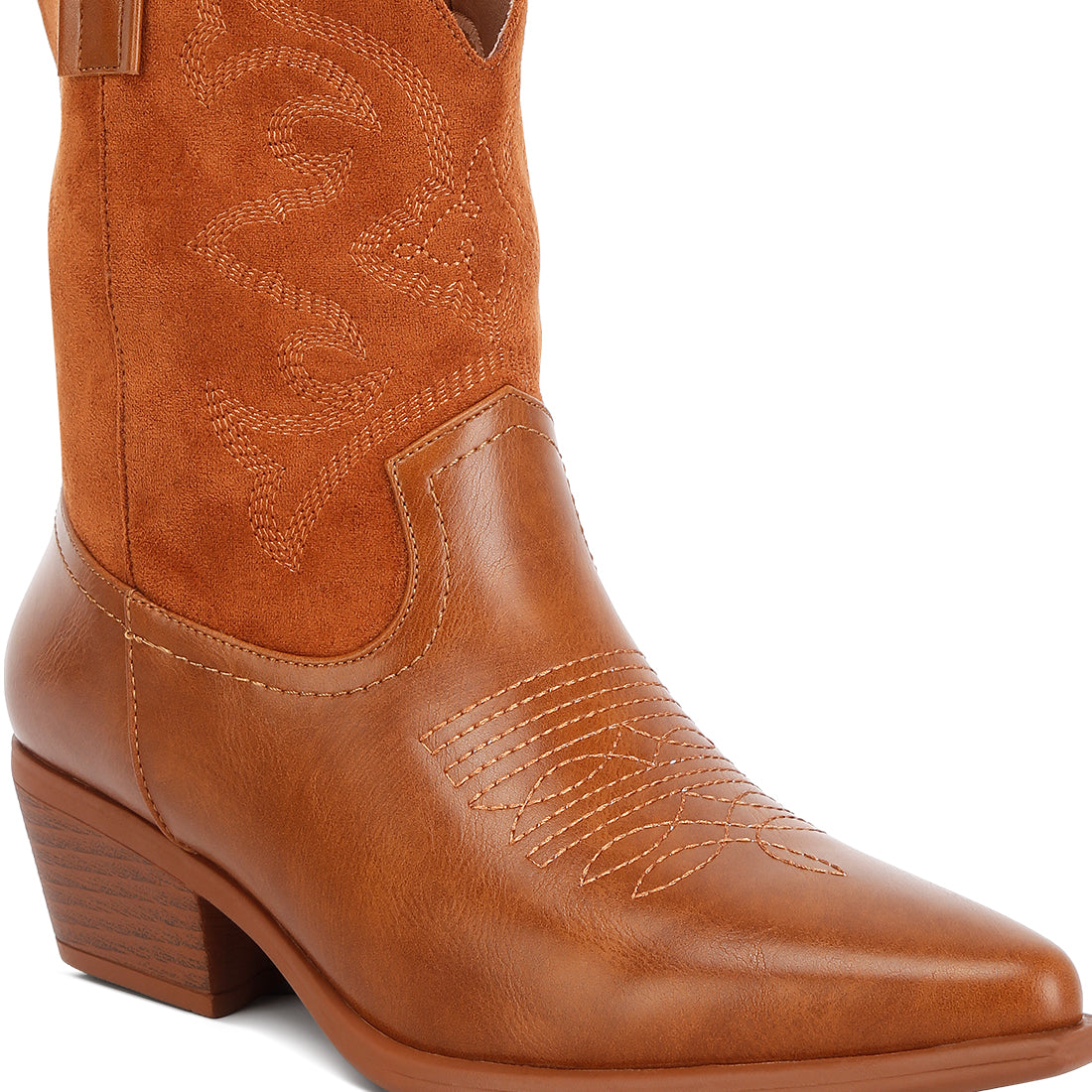 patchwork detail low heel cowboy boots#color_tan