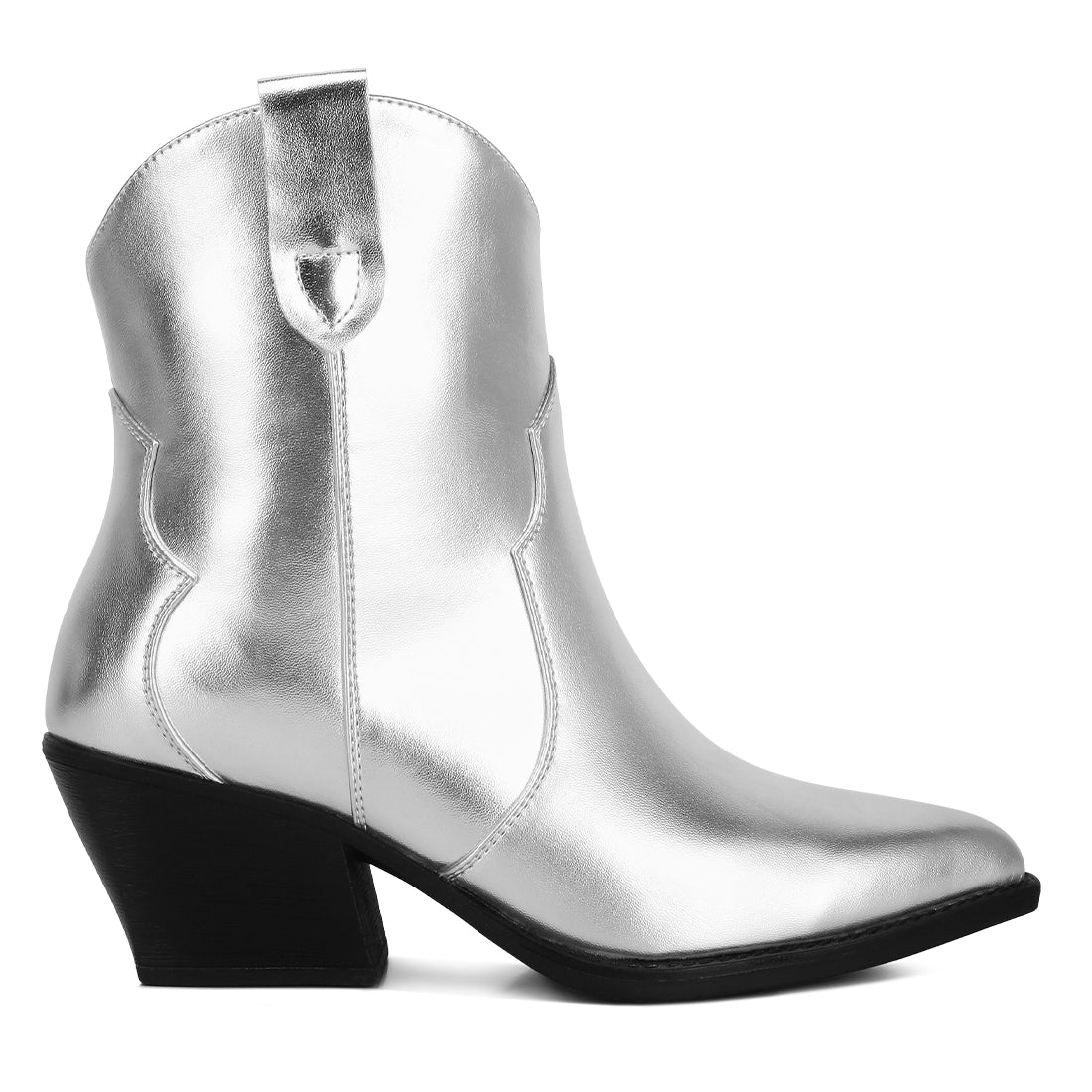 patchwork detail low stacked block heel boots#color_silver
