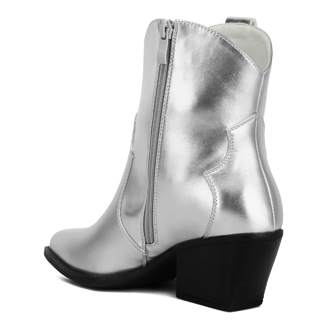 patchwork detail low stacked block heel boots#color_silver
