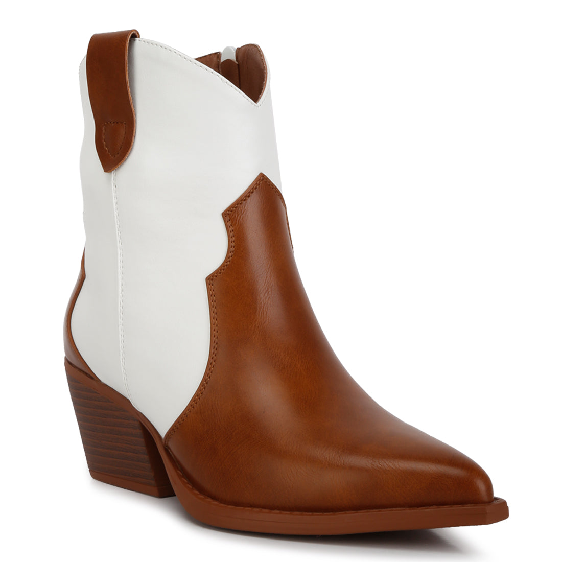 patchwork detail low stacked block heel boots#color_tan