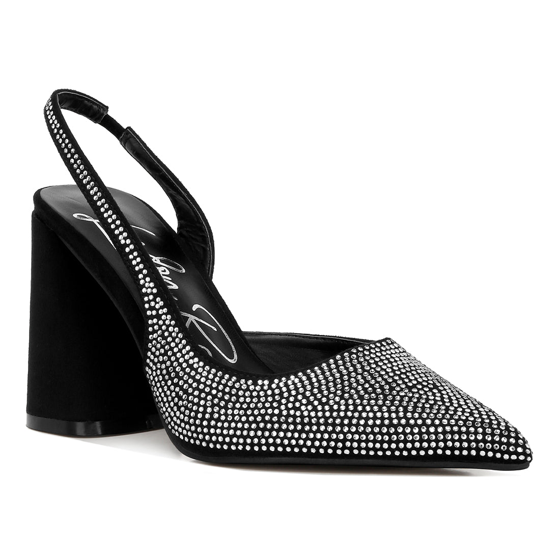 rhinestone embellished suede heel sandals#color_black