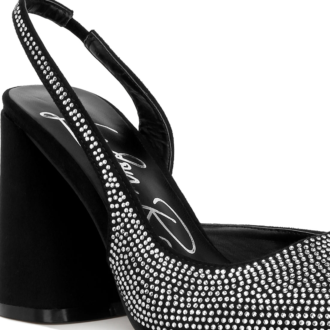rhinestone embellished suede heel sandals#color_black