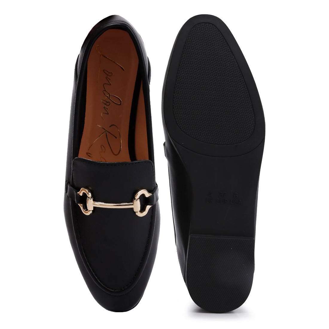 horsebit embellished faux leather loafers#color_black