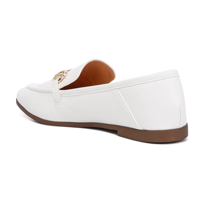 horsebit embellished faux leather loafers#color_white