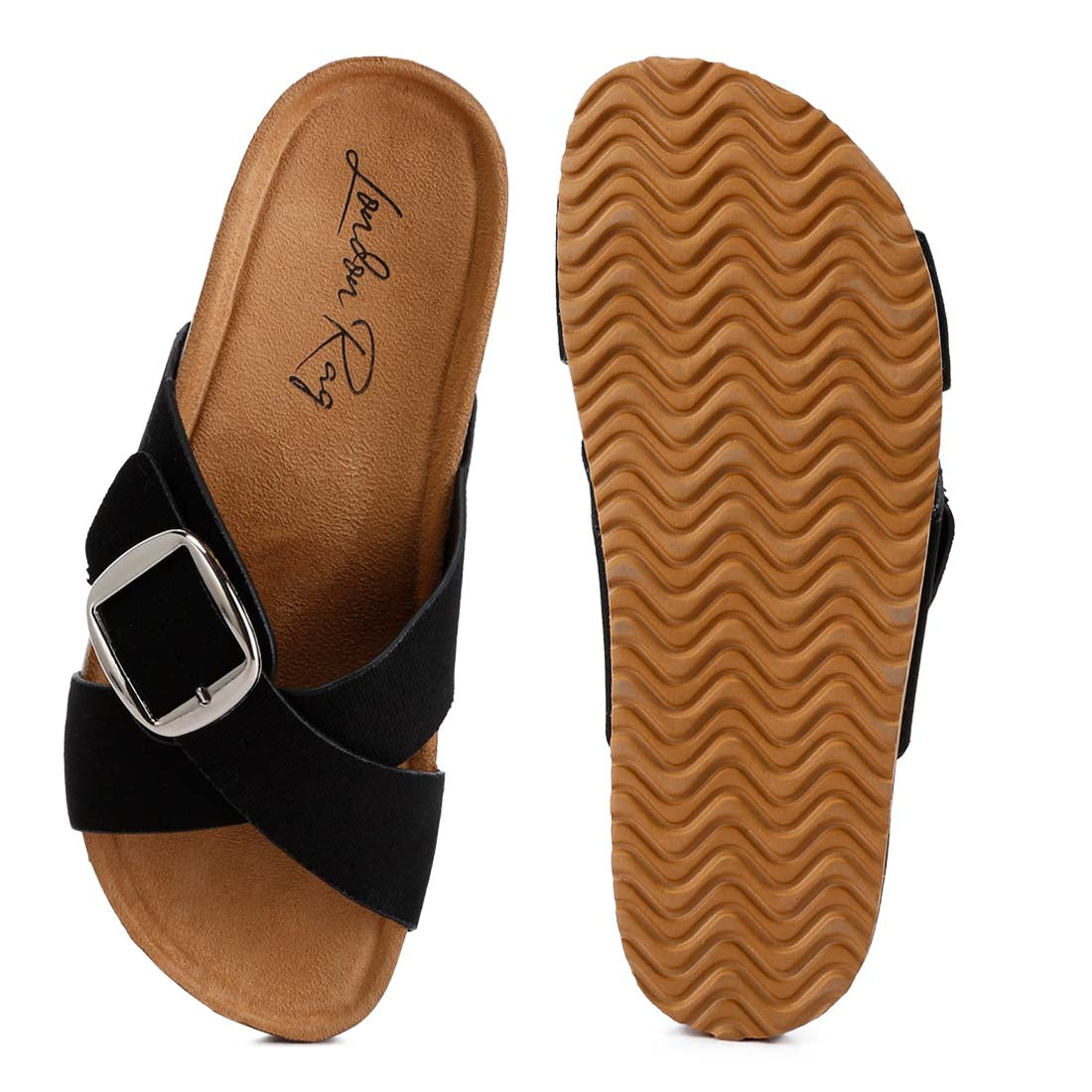 buckle slip on sandals#color_black