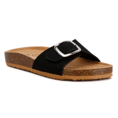 buckle strap slip on sandals#color_black