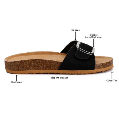 buckle strap slip on sandals#color_black