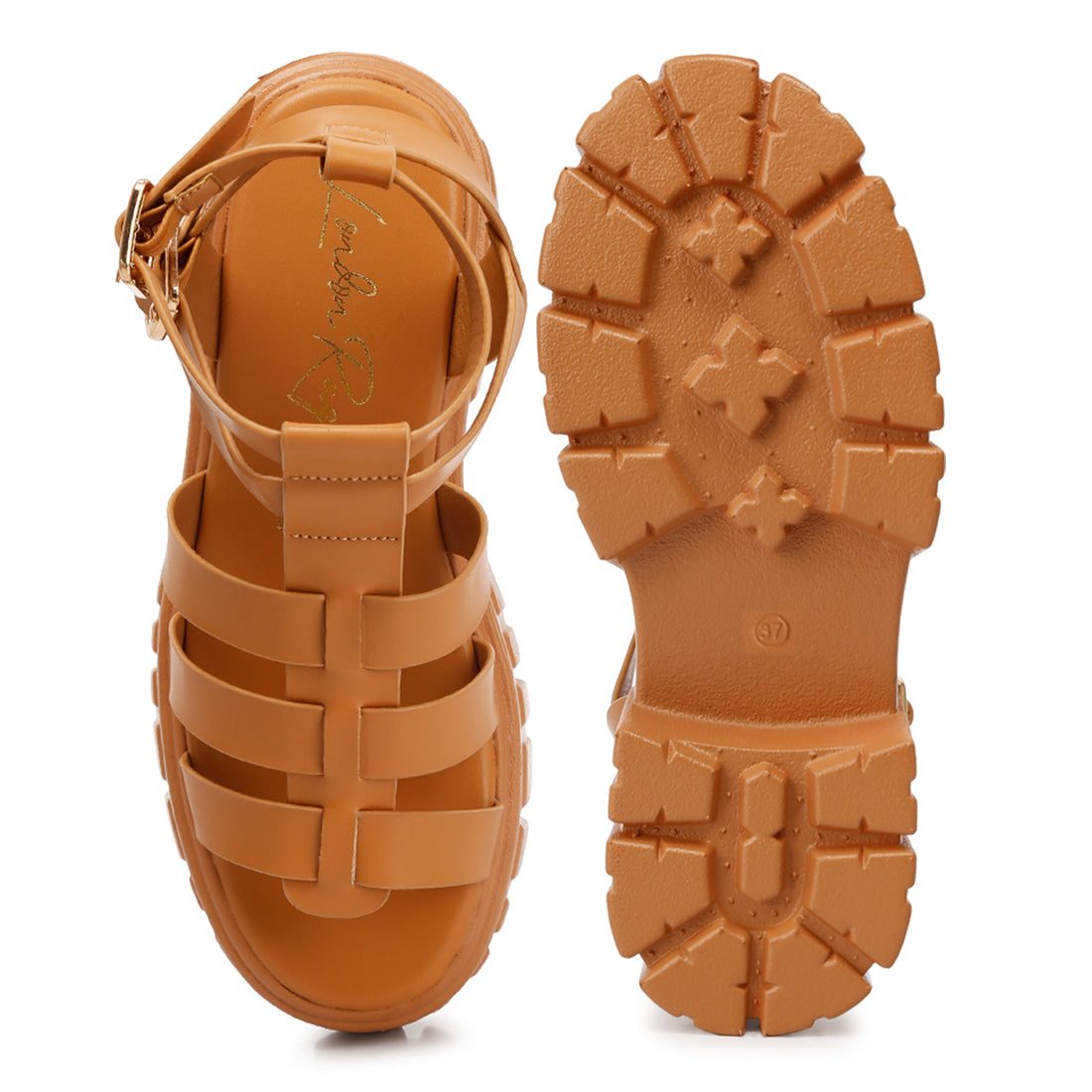 recycled faux leather gladiators#color_tan