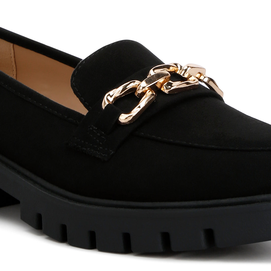 Micro Suede Metal Chain Link Loafers