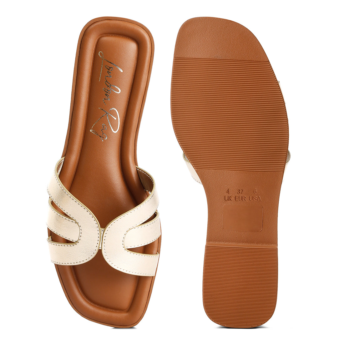 faux leather flat sandals#color_gold