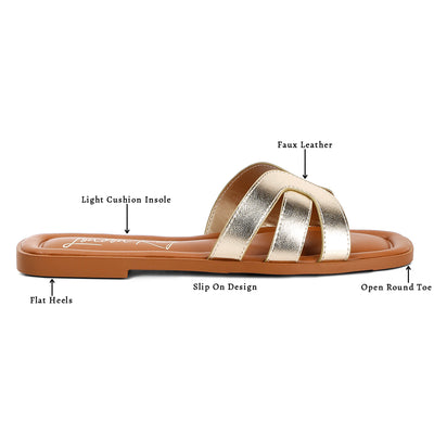 faux leather flat sandals#color_gold