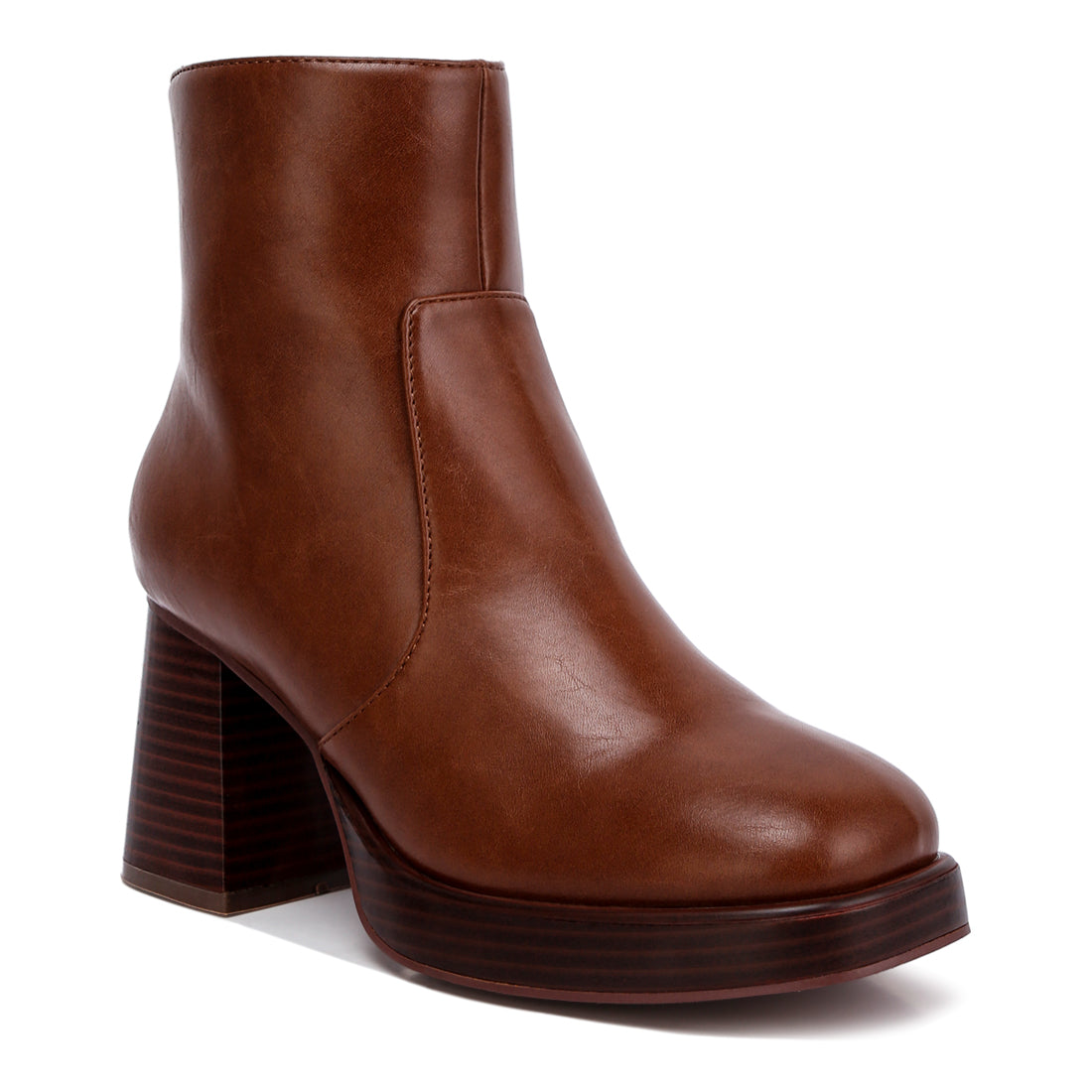 faux leather side zipper closure boots#color_brown