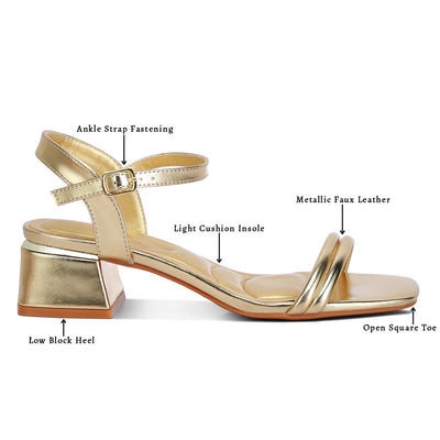 metallic ankle strap low block heels#color_gold