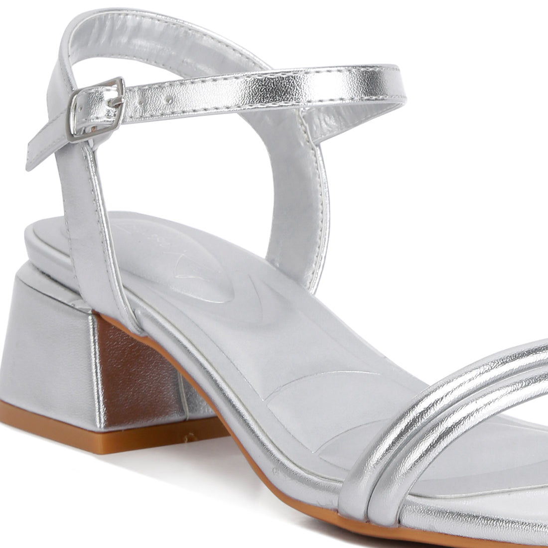 metallic ankle strap low block heels#color_silver