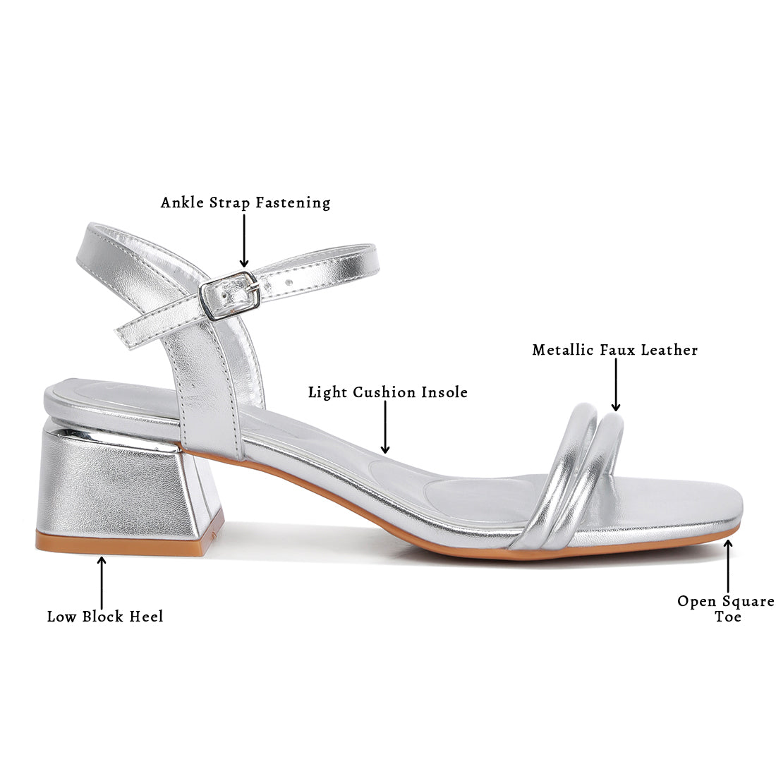 metallic ankle strap low block heels#color_silver