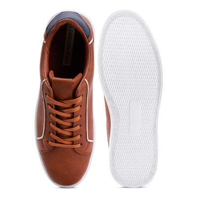 faux leather low top lace-up sneakers#color_tan