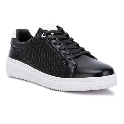 faux leather embossed lace-up sneakers#color_black