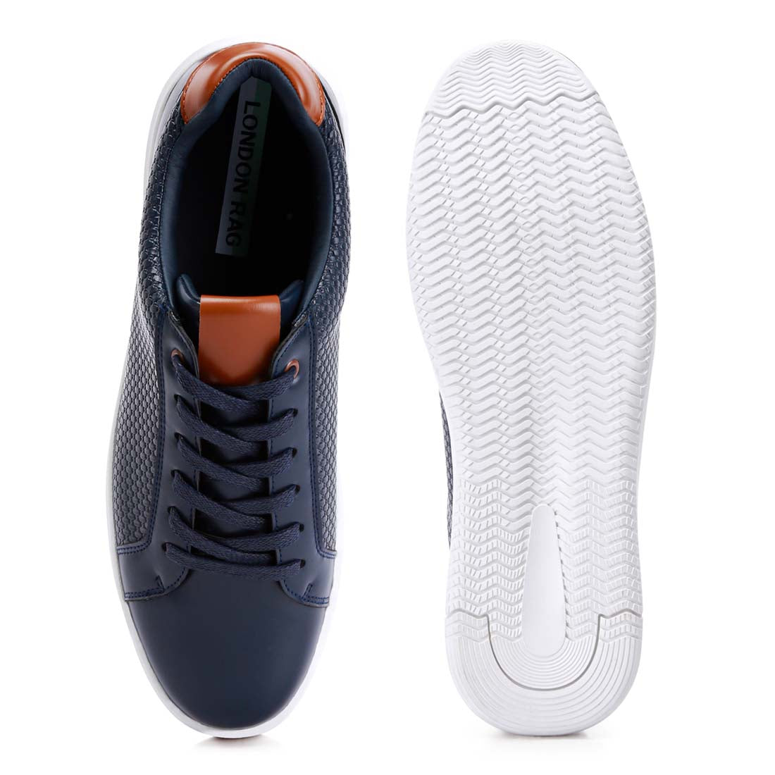 faux leather embossed lace-up sneakers#color_navy