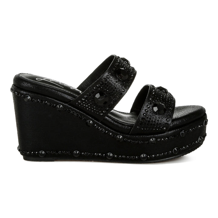 rhinestone & diamante wedge sandals#color_black