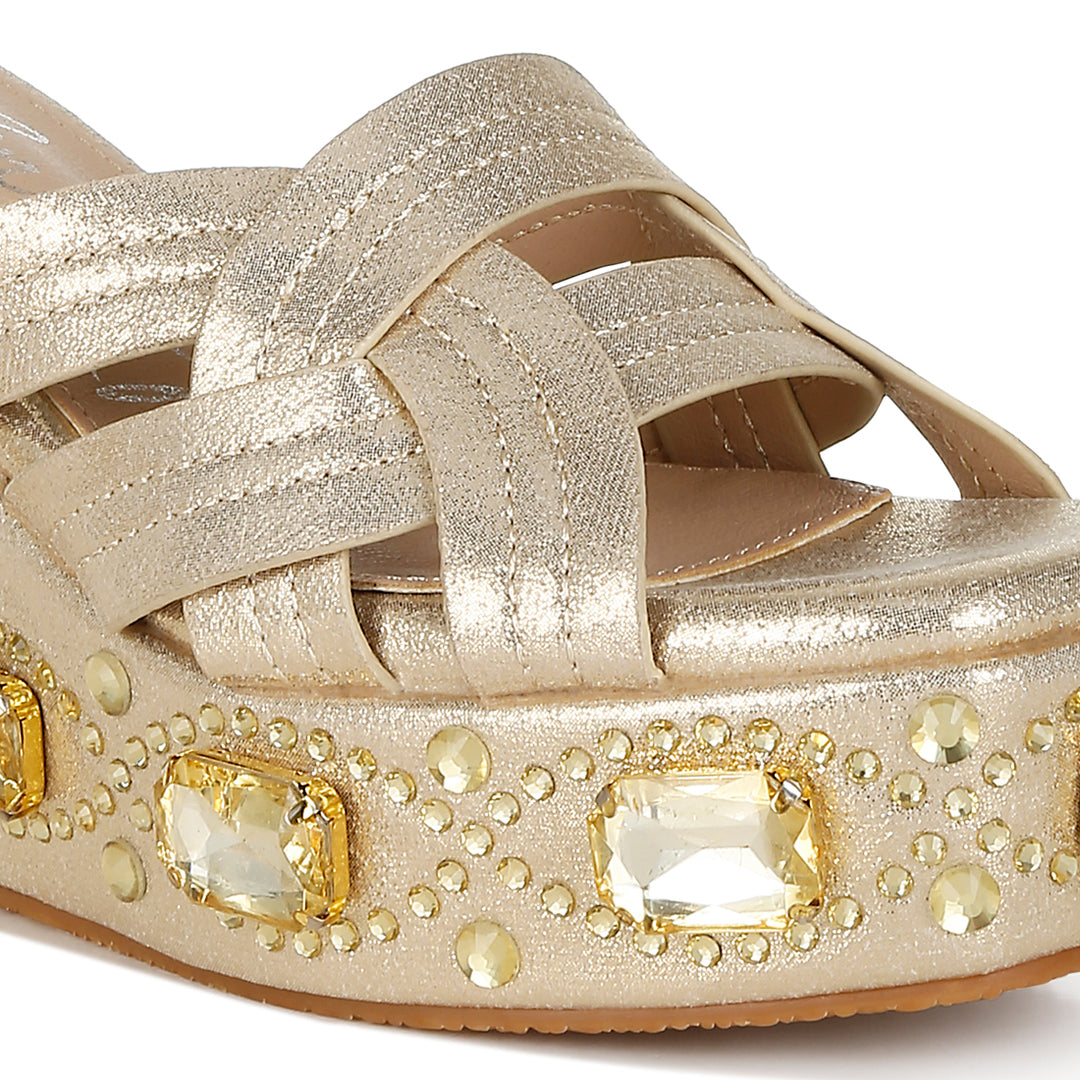 chunky diamante & rhinestone cut-out sandals#color_gold