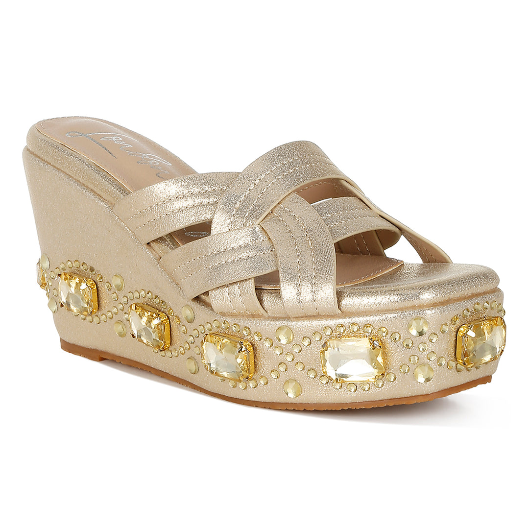 chunky diamante & rhinestone cut-out sandals#color_gold